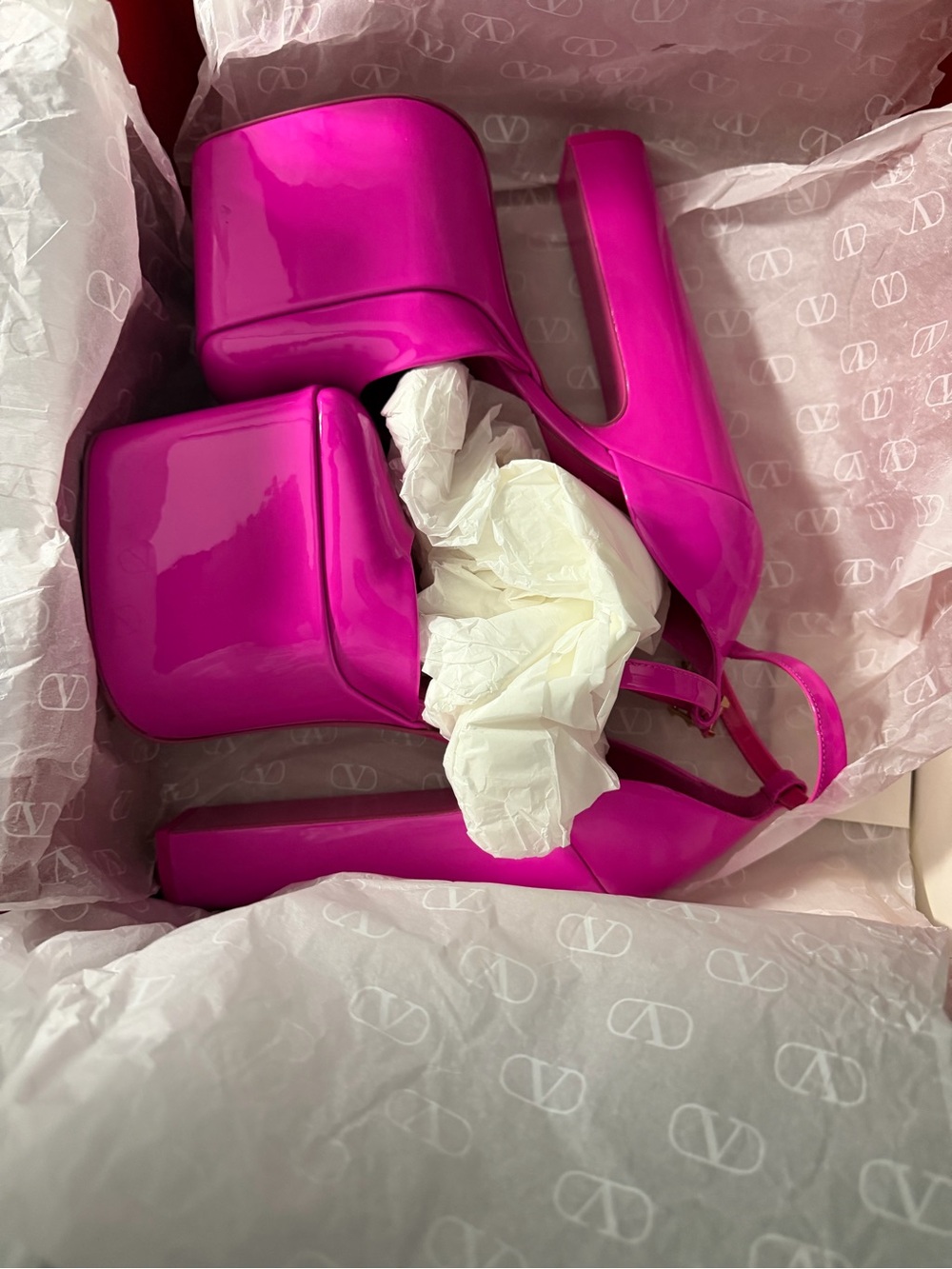 Valentino Patent Platform Slingback Heels in Fuchsia